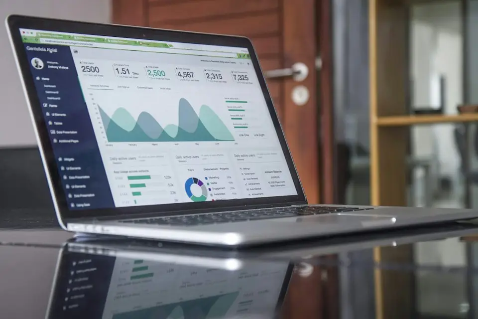 A laptop displaying a business analytics dashboard